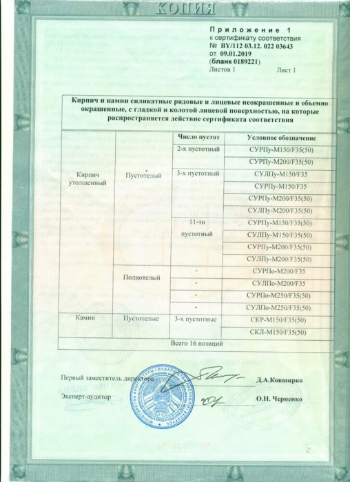 Сертификат на продукцию кирпич силикатный РБ-2